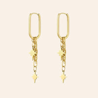 Boucles d’oreilles Oslo en acier inoxydable doré, chaînes délicates avec pendentifs étoilés, design minimaliste inspiré des nuits d’hiver scandinaves, présentées seules sur fond neutre.