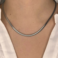 Collier Brasilia en acier inoxydable argenté porté, chaîne fine et plate captant la lumière de manière délicate pour un style intemporel.